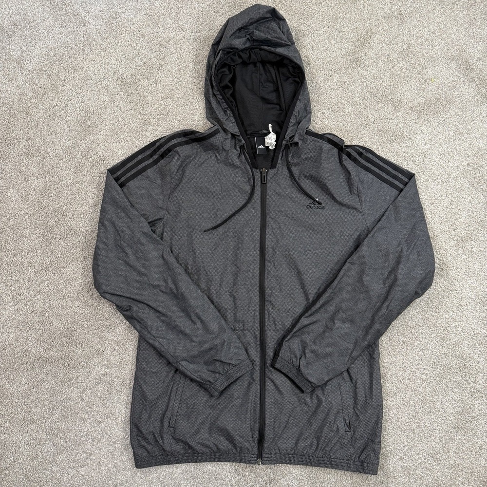 Adidas Jacket Mens L Gray Hooded Full Zip Windbreaker 3-Stripes‎ Athletic Logo